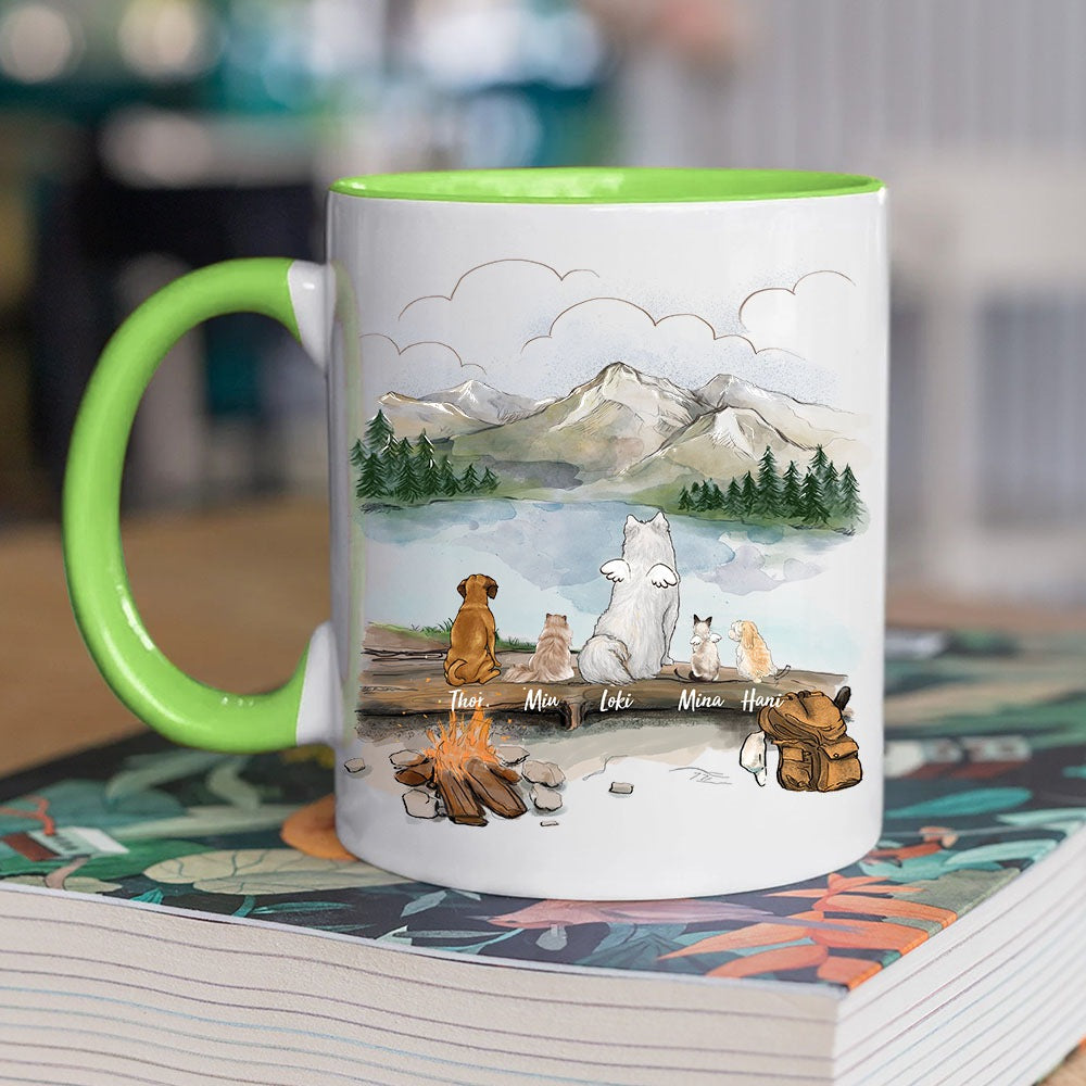 owner hiking with dog and cat light green two tone accent mug gift for dog cat lovers