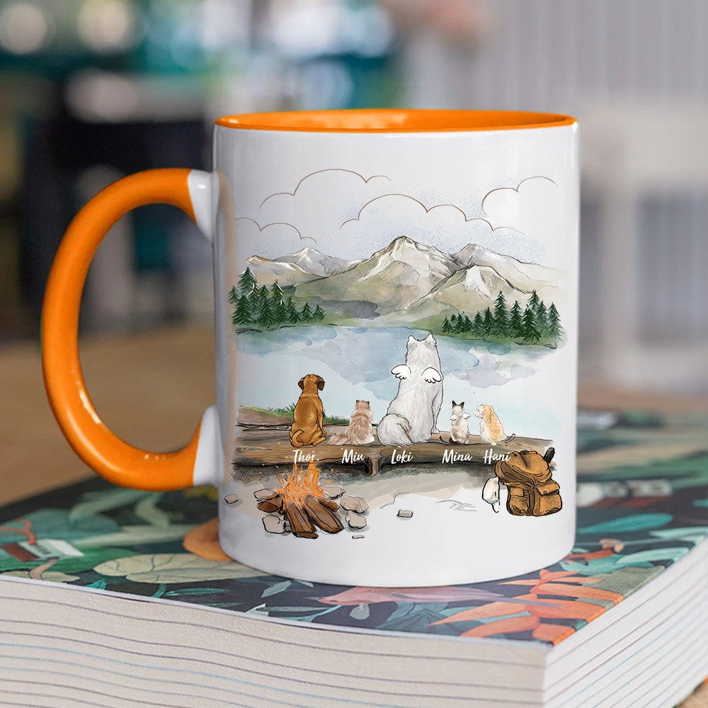 owner hiking with dog and cat orange two tone accent mug gift for dog cat lovers