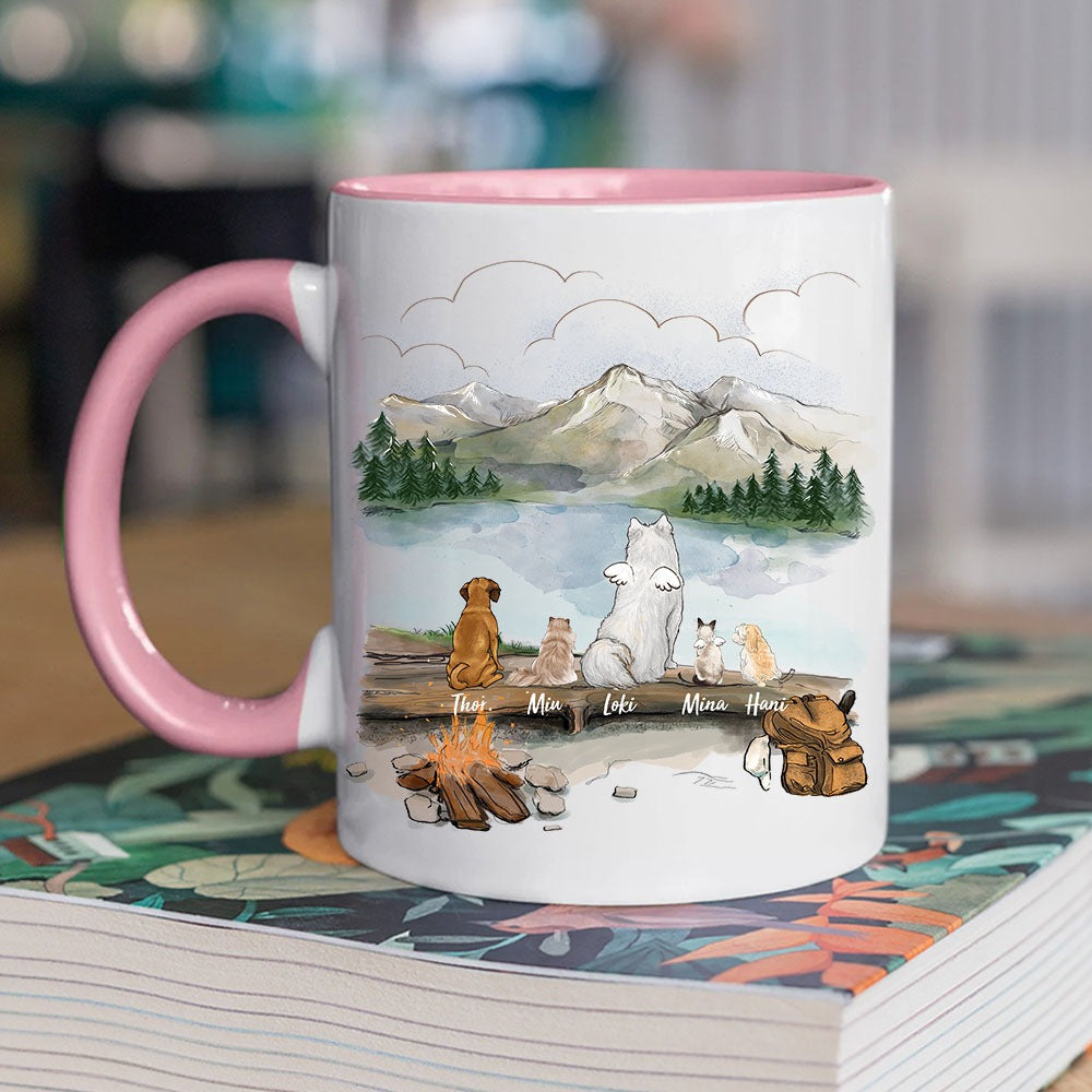 owner hiking with dog and cat pink two tone accent mug gift for dog cat lovers