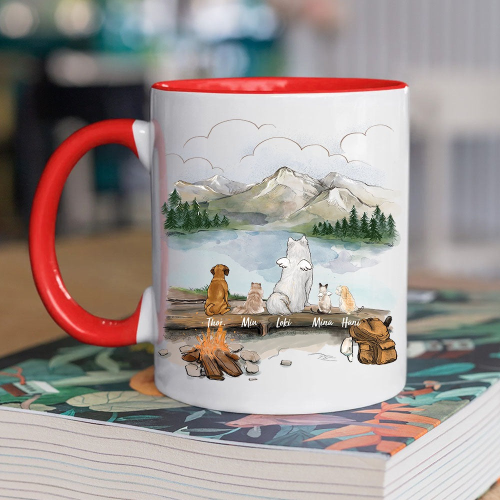 owner hiking with dog and cat red two tone accent mug gift for dog cat lovers