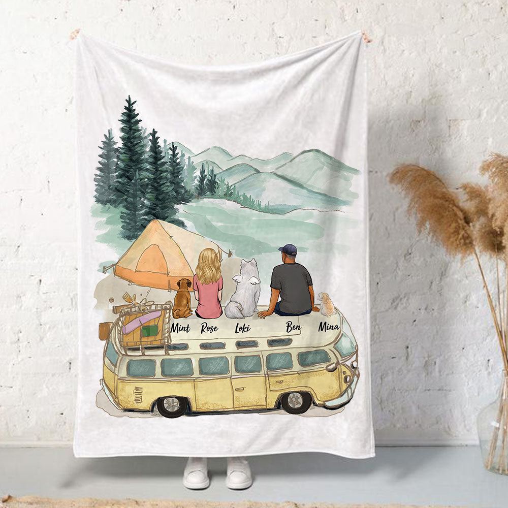 Personalized Dog & Couple Fleece Blanket - Camping