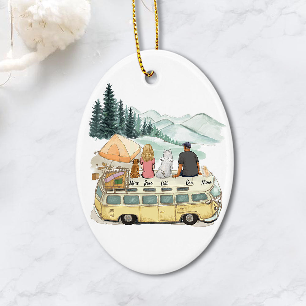 Personalized Metal Ornament, Camping Couple With Dogs, Christmas Gift For Campers And Dog Lovers