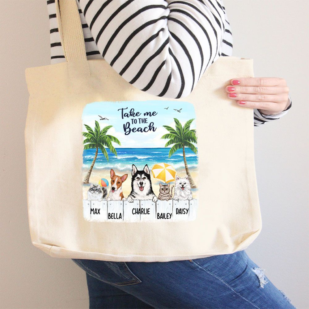 Personalized rounded canvas tote bag gift for dog cat lovers - Summer beach
