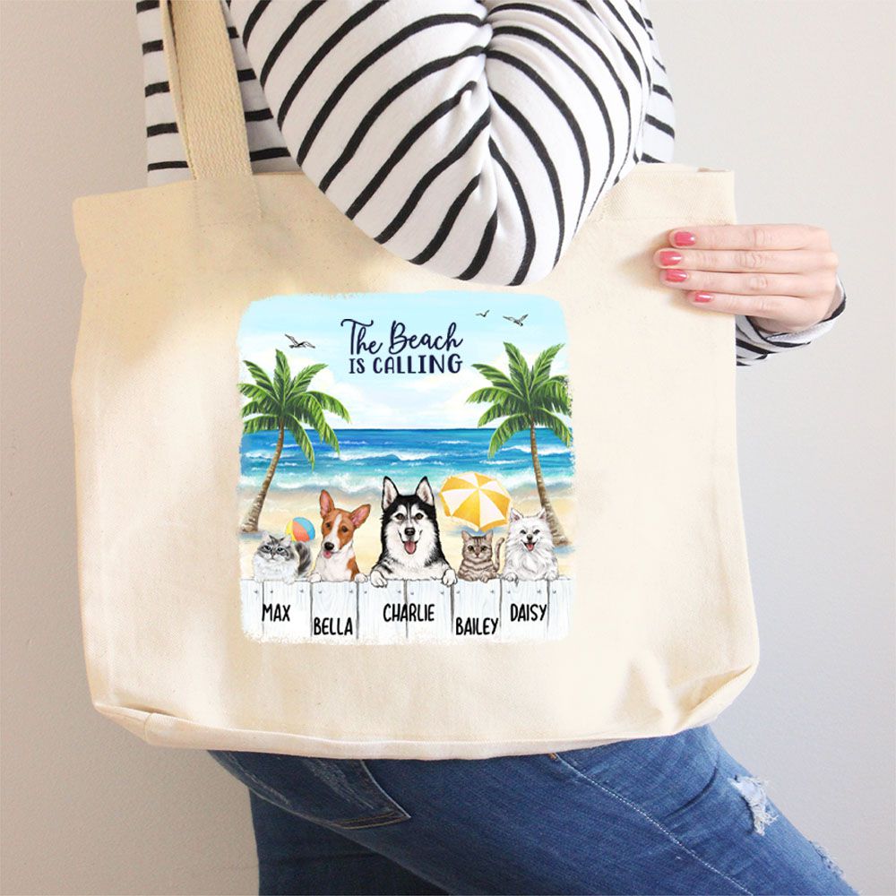 Personalized rounded canvas tote bag gift for dog cat lovers - Summer beach