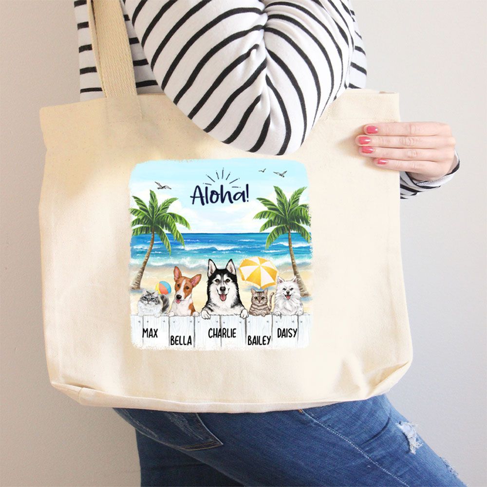 Personalized rounded canvas tote bag gift for dog cat lovers - Summer beach