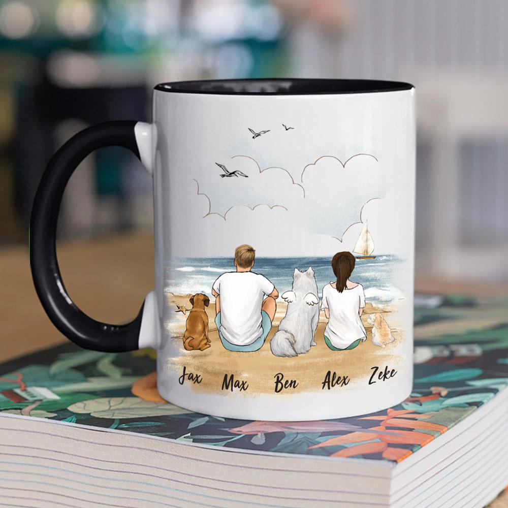 dog and dog owner sitting on beach black two tone accent mug gift for dog lovers