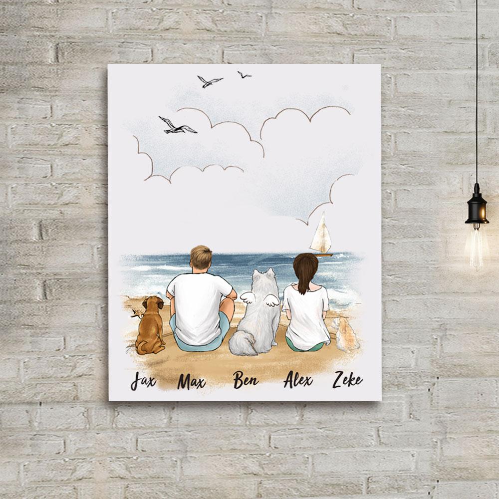 dog and dog owner sitting on beach canvas print gift for dog lovers