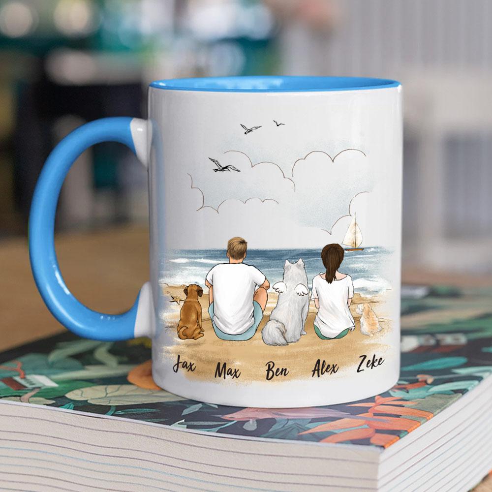 dog and dog owner sitting on beach light blue two tone accent mug gift for dog lovers