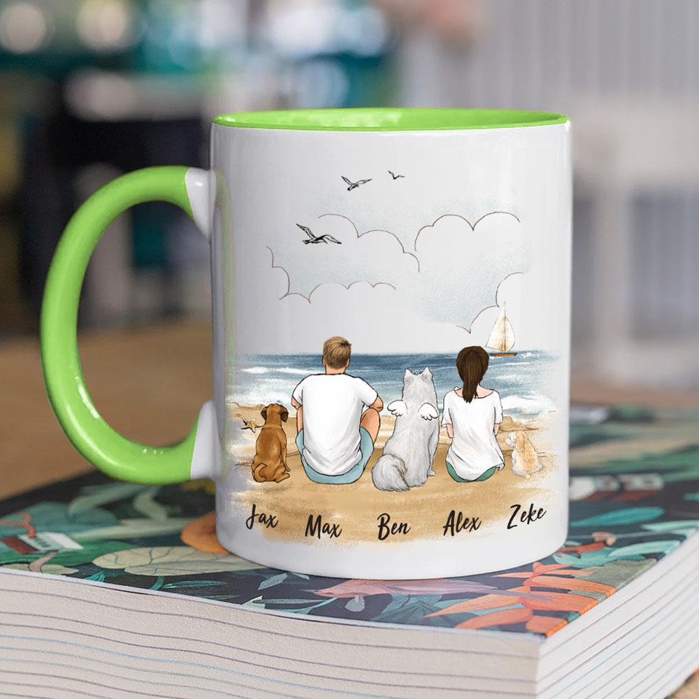 dog and dog owner sitting on beach light green two tone accent mug gift for dog lovers