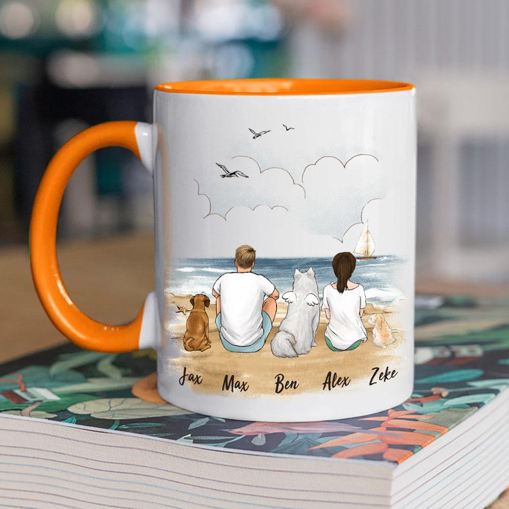 dog and dog owner sitting on beach orange two tone accent mug gift for dog lovers