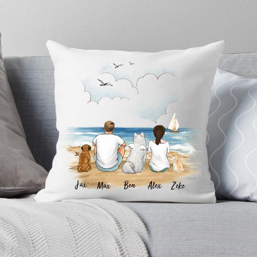 dog and dog owner sitting on beach canvas or linen or suede pillow gift for dog lovers