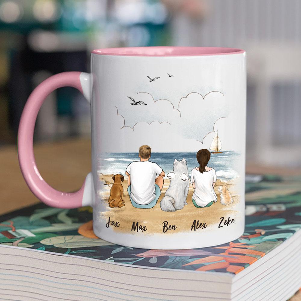 dog and dog owner sitting on beach pink two tone accent mug gift for dog lovers