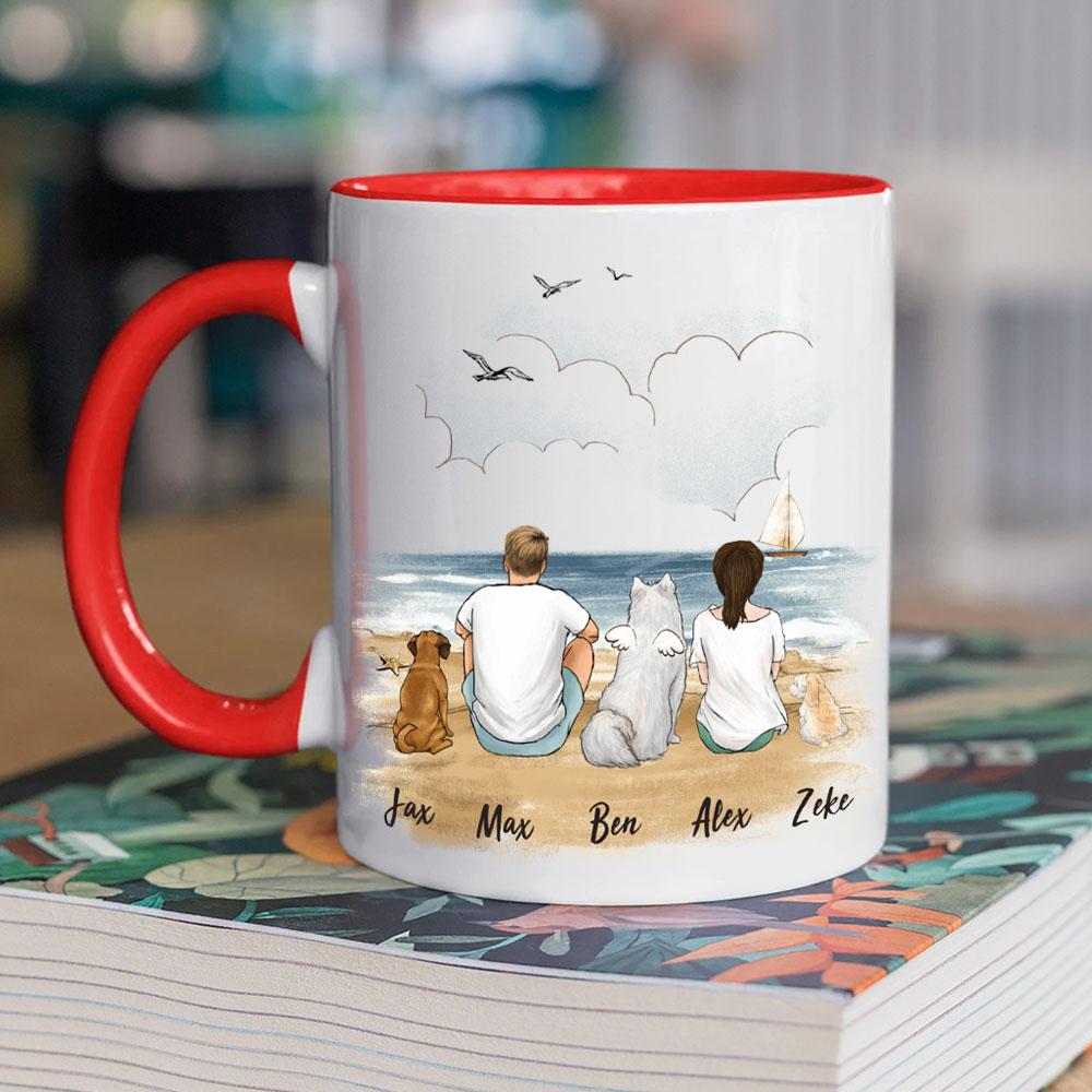 dog and dog owner sitting on beach red two tone accent mug gift for dog lovers