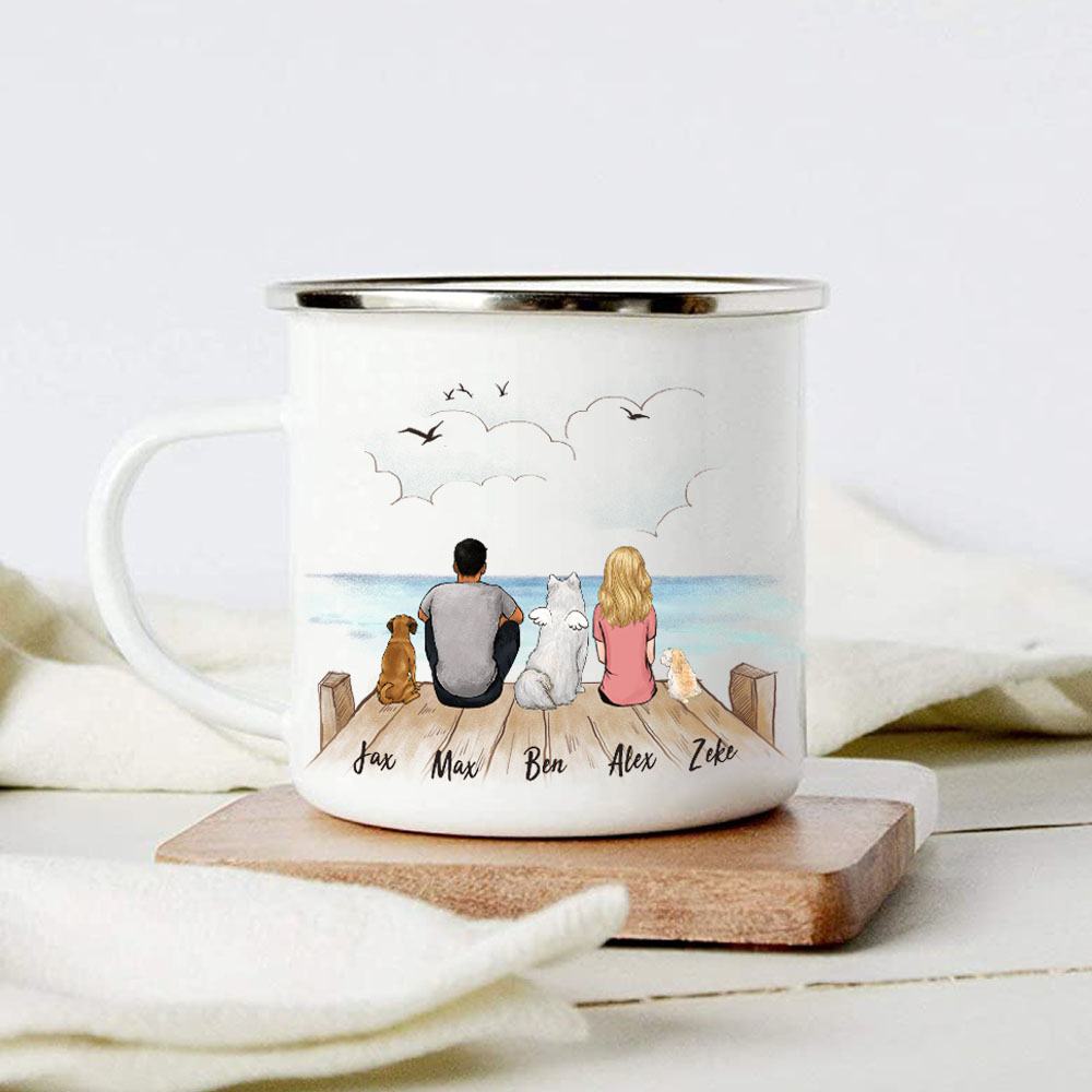 dog and dog owner sitting on wooden dock campfire mug gift for dog lovers