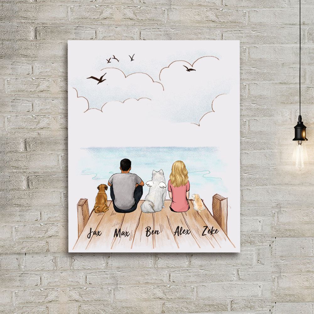 dog and dog owner sitting on wooden dock canvas print gift for dog lovers