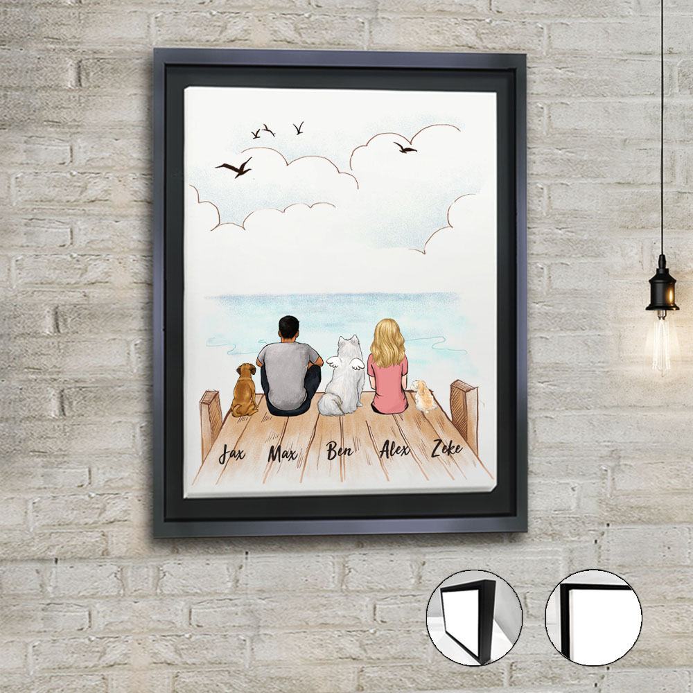 dog and dog owner sitting on wooden dock framed canvas gift for dog lovers