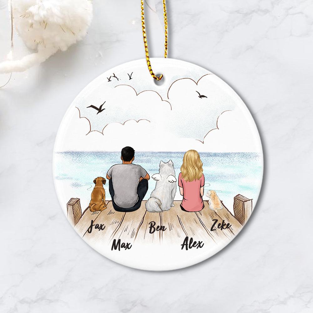 dog and dog owner sitting on wooden dock circle ornament gift for dog lovers