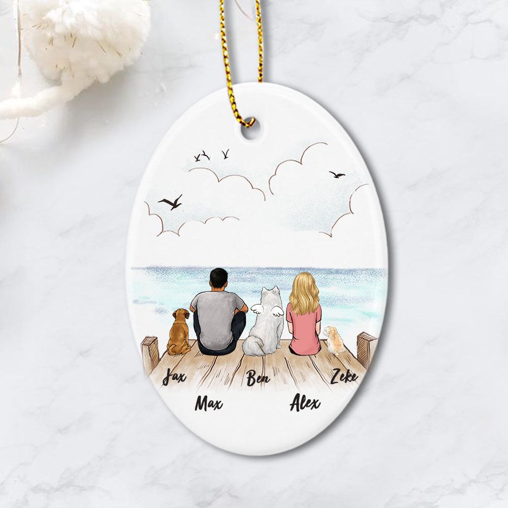dog and dog owner sitting on wooden dock oval ornament gift for dog lovers