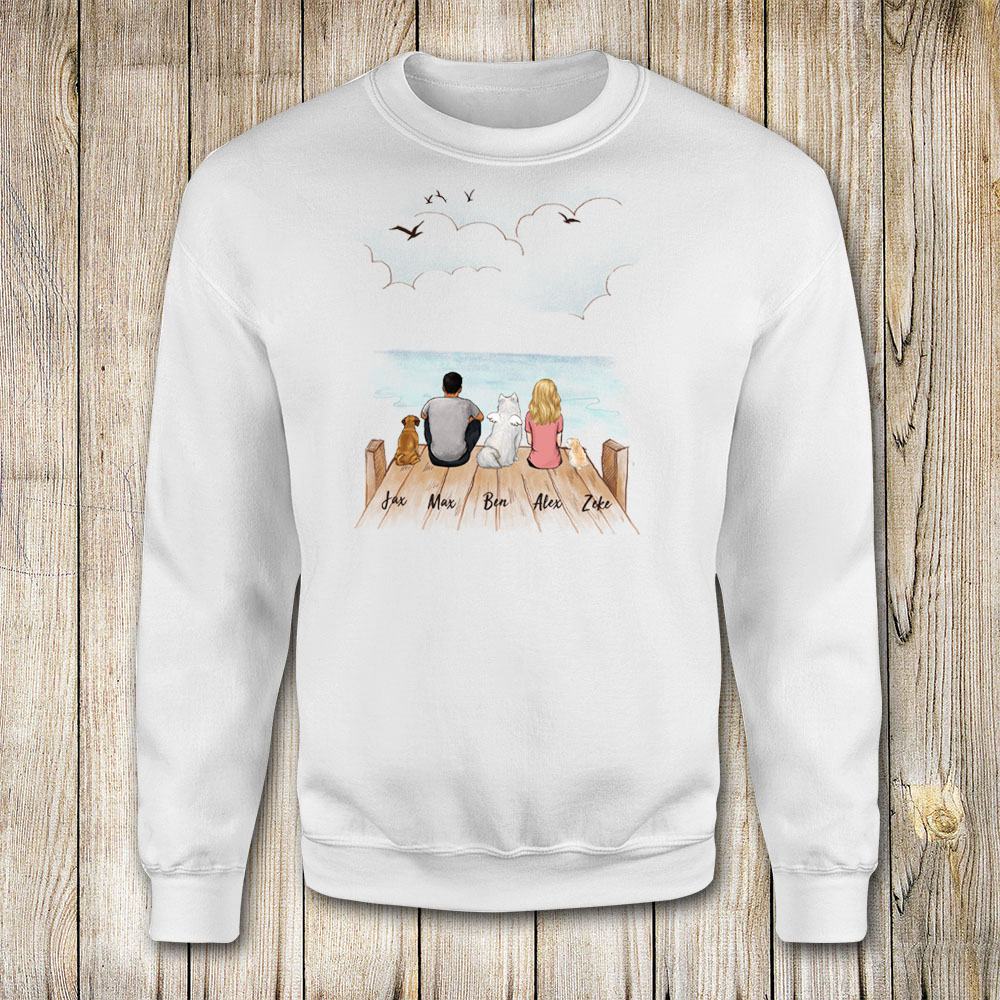 dog and dog owner sitting on wooden dock sweatshirt gift for dog lovers