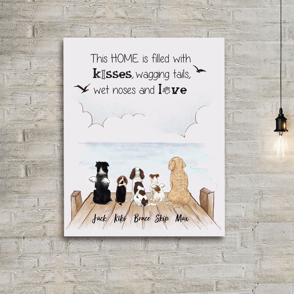 dog sitting on wooden dock with custom sayings canvas print gift for dog lovers