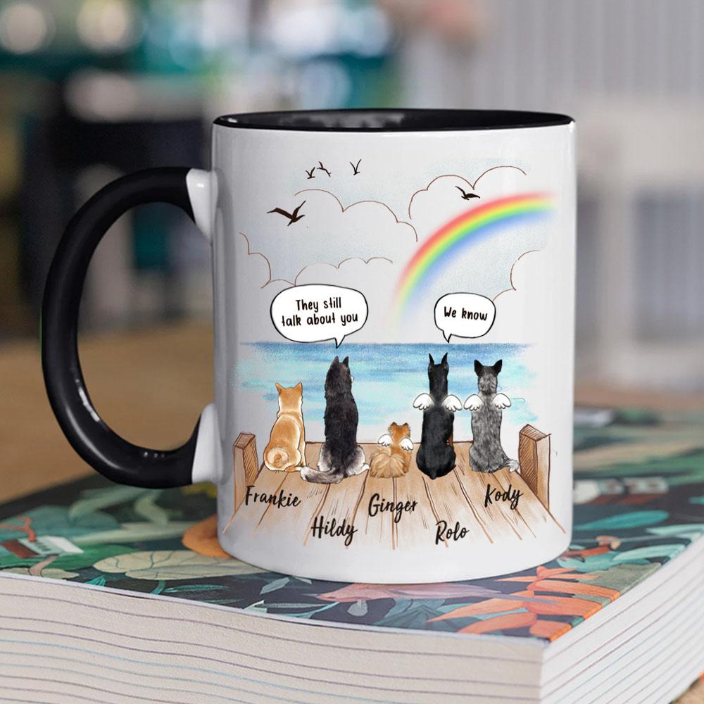 dog sitting on wooden dock and saying still talk to you black two tone accent mug dog memorial gift