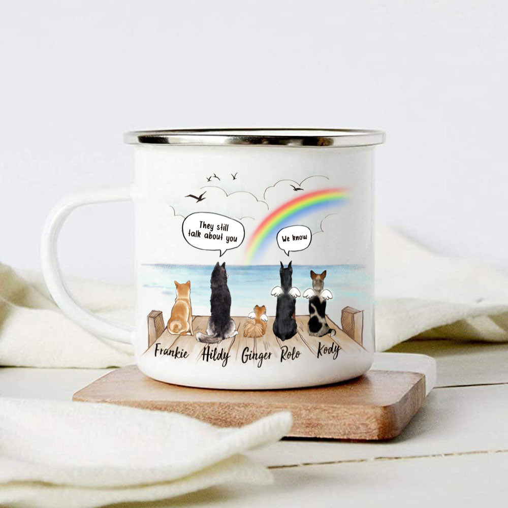 dog sitting on wooden dock and saying still talk to you campfire mug dog memorial gift