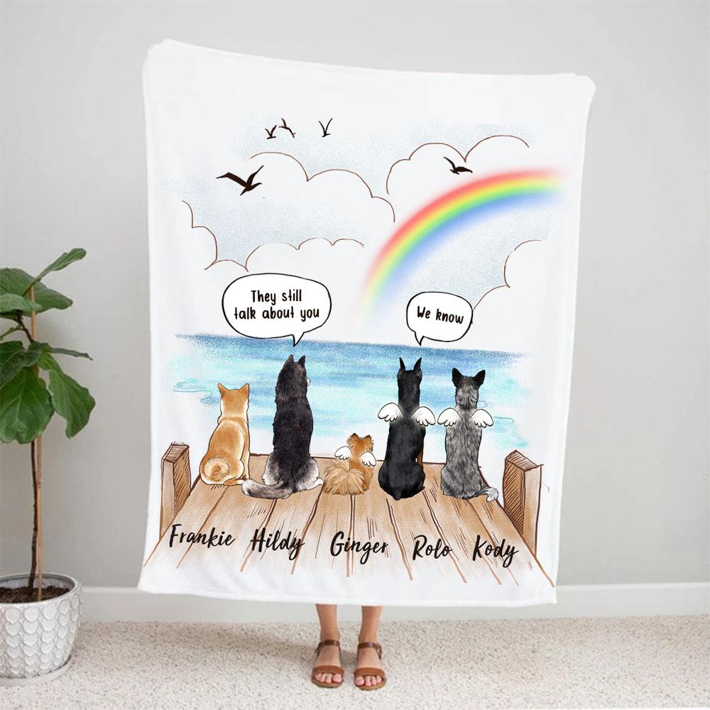 dog sitting on wooden dock and saying still talk to you fleece blanket dog memorial gift