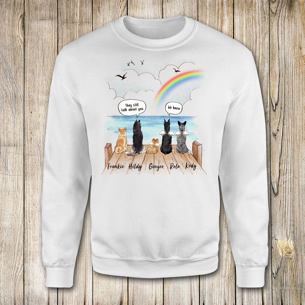 dog sitting on wooden dock and saying still talk to you sweatshirt dog memorial gift