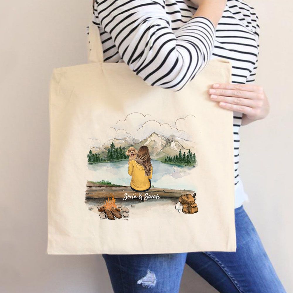 Personalized canvas tote bag gift for dog Mom - Mountain Hiking