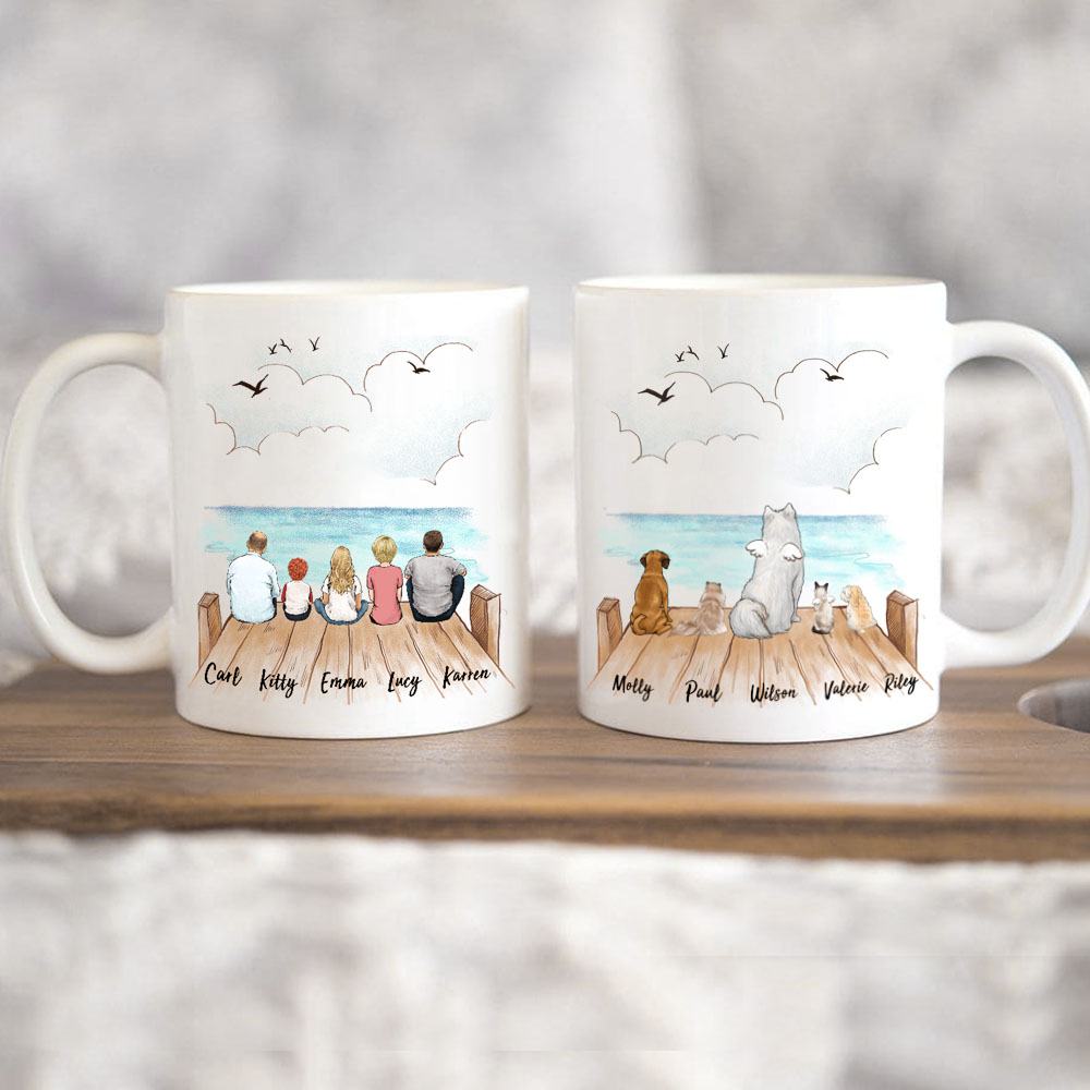 11oz mug gift for the whole family with up to 5 people 5 dogs and cats sitting on wooden dock