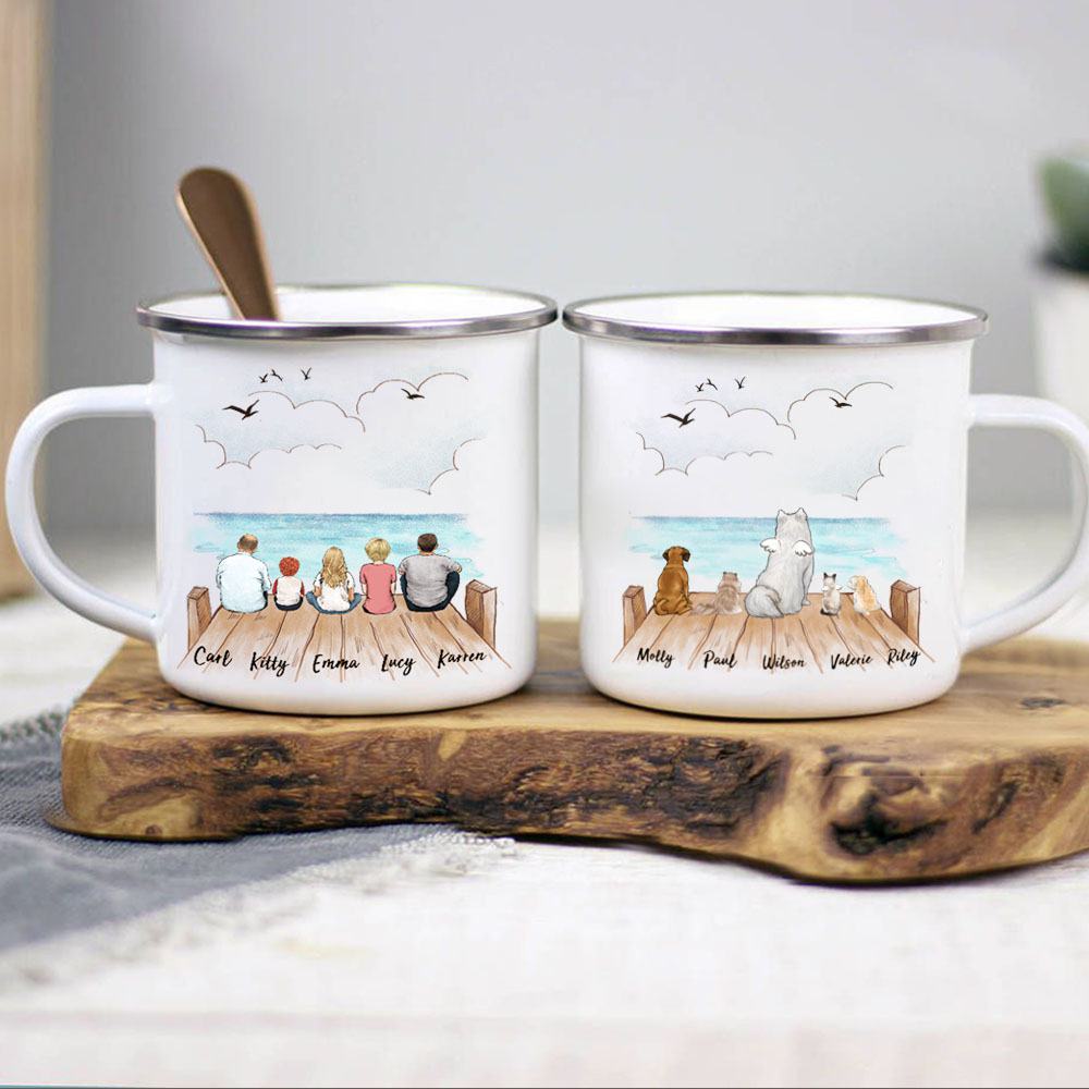 campfire mug gift for the whole family with up to 5 people 5 dogs and cats sitting on wooden dock