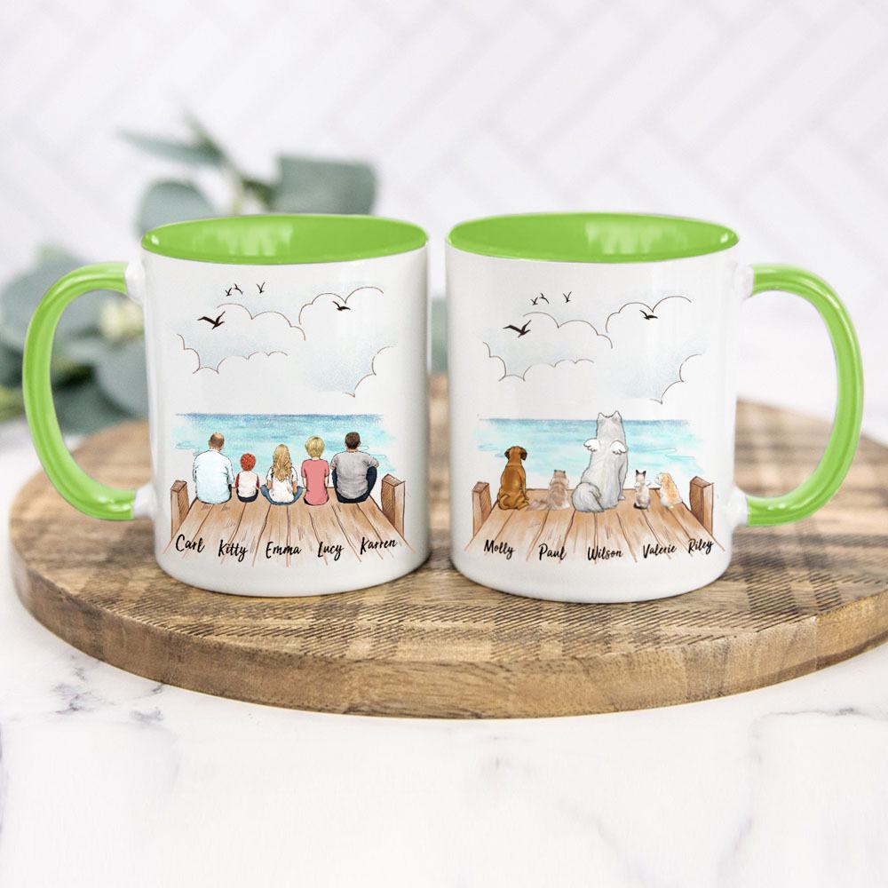 Personalized Whole Family &amp; Dog &amp; Cat Accent Mug -Wooden Dock - Light Green