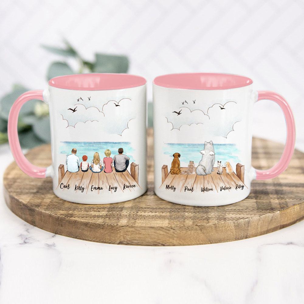 Personalized Whole Family &amp; Dog &amp; Cat Accent Mug -- Wooden Dock Pink