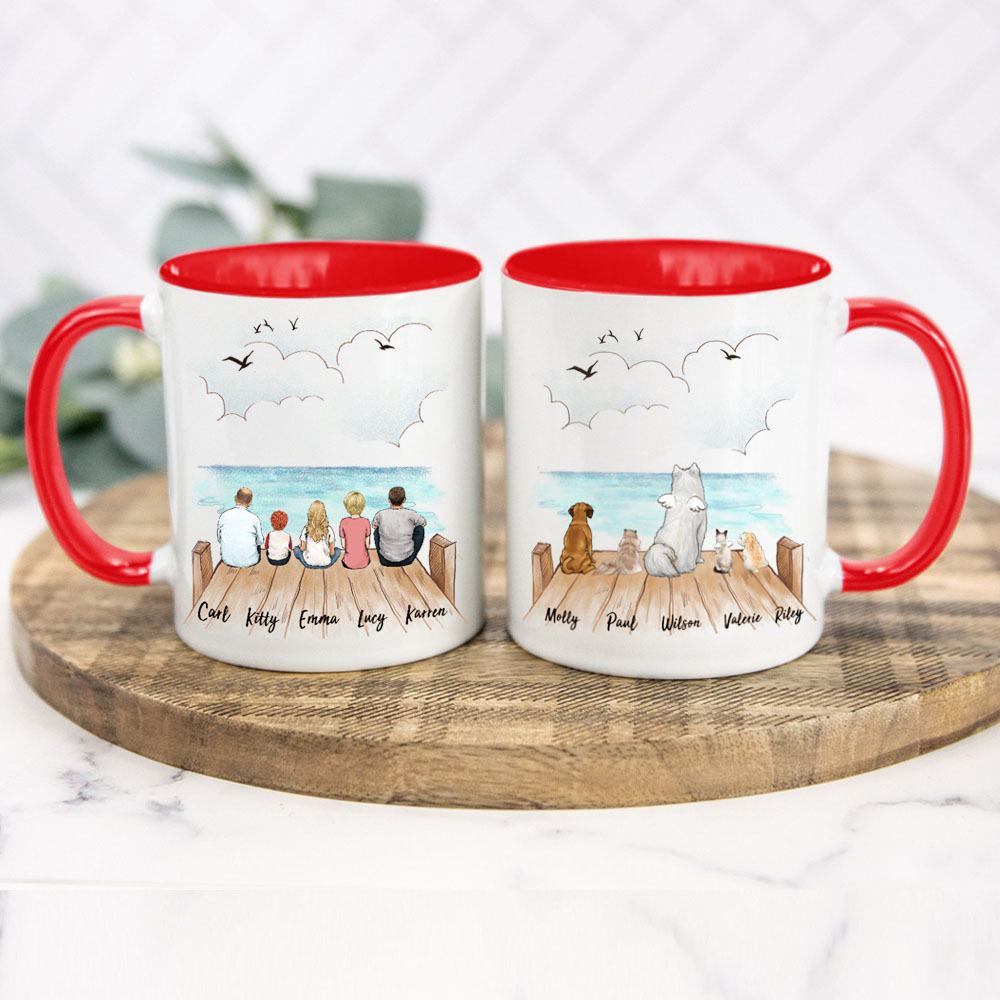 Personalized Whole Family &amp; Dog &amp; Cat Accent Mug - Wooden Dock - Red
