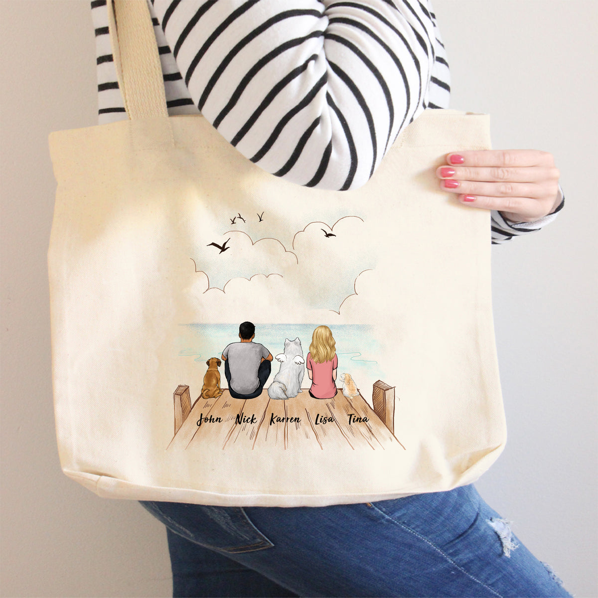 Personalized dog rounded canvas tote bag gifts for dog lovers - DOG &amp; COUPLE - Wooden Dock