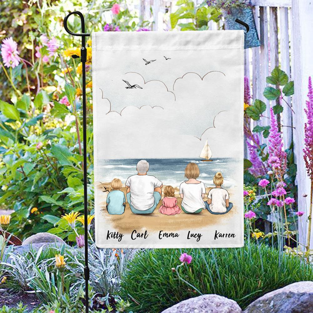 garden flag gift for the whole family with up to 5 people sitting on beach
