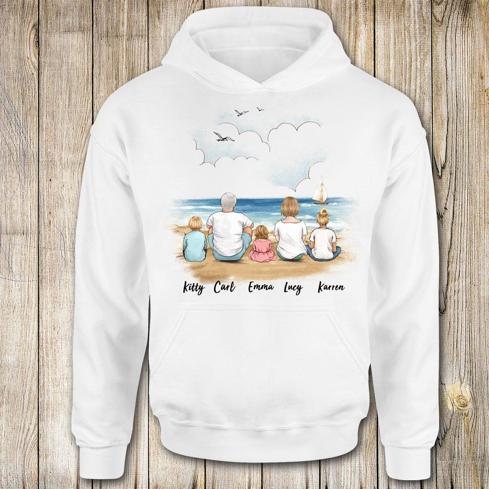 hoodie gift for the whole family with up to 5 people sitting on beach