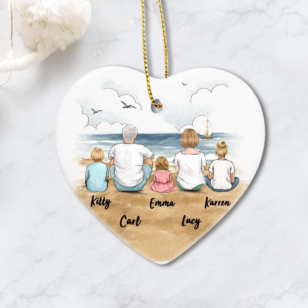 heart ornament gift for the whole family with up to 5 people sitting on beach