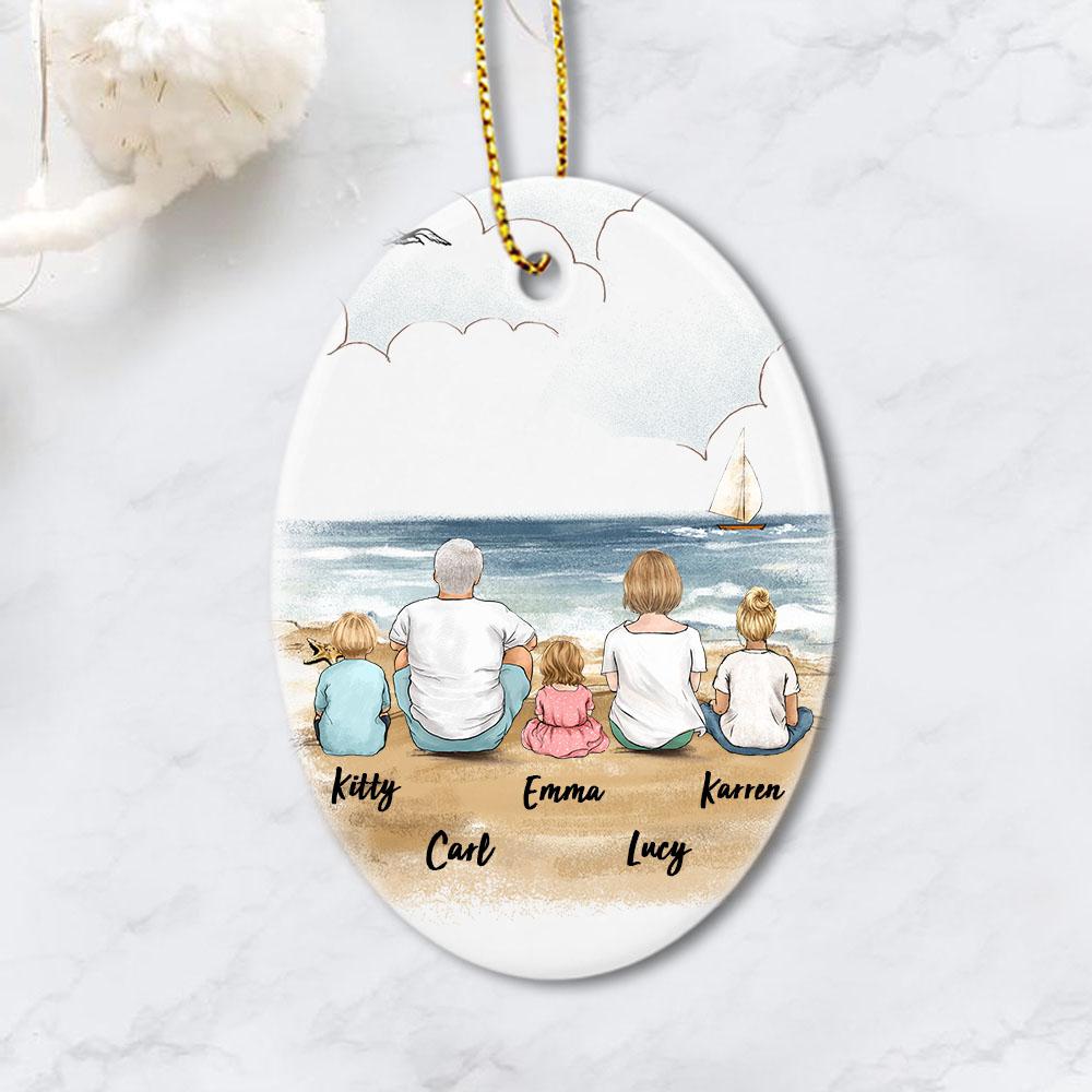 oval ornament gift for the whole family with up to 5 people sitting on beach