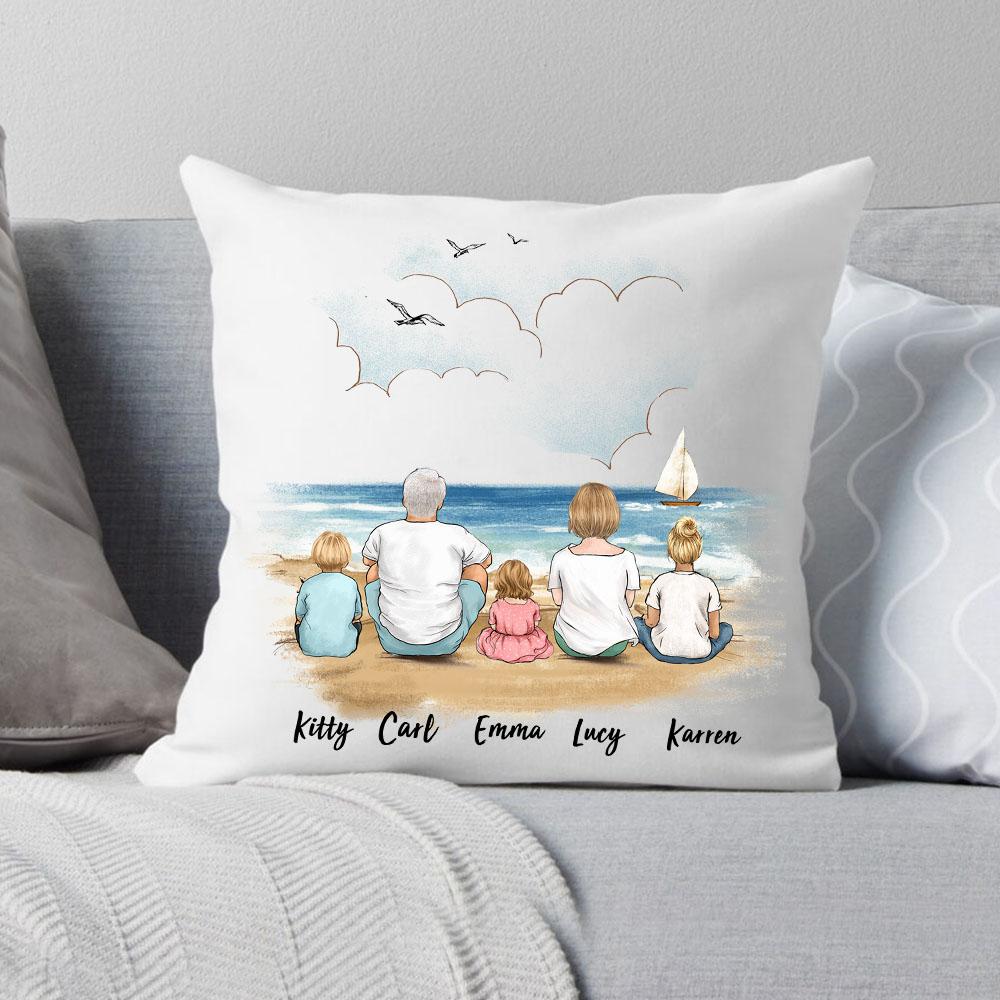 canvas or linen or suede pillow gift for the whole family with up to 5 people sitting on beach