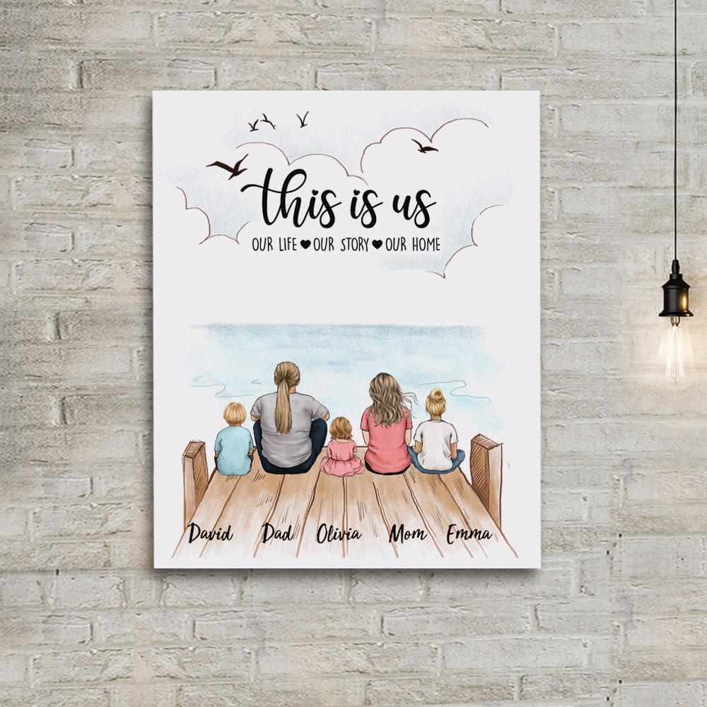canvas print gift with custom sayings for the whole family with up to 5 people sitting on wooden dock