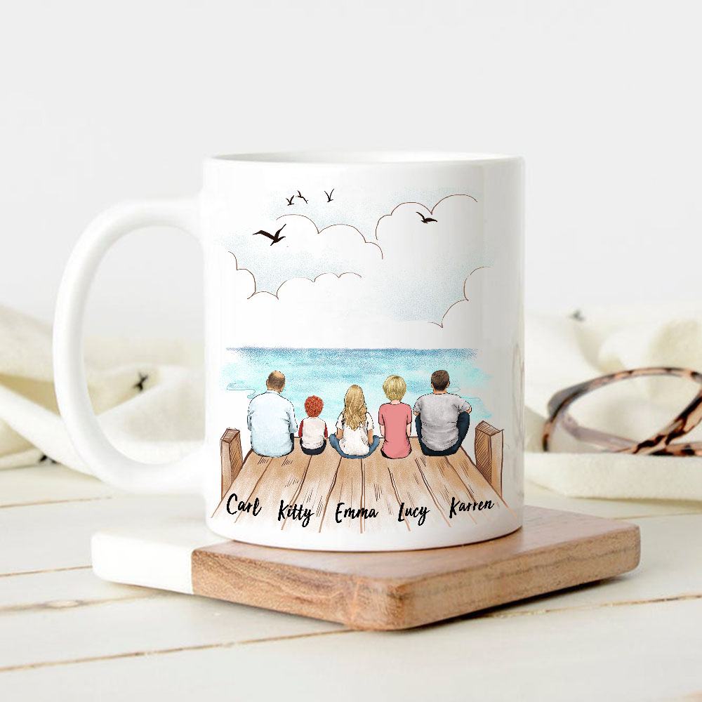 11oz mug gift for the whole family with up to 5 members sitting on wooden dock