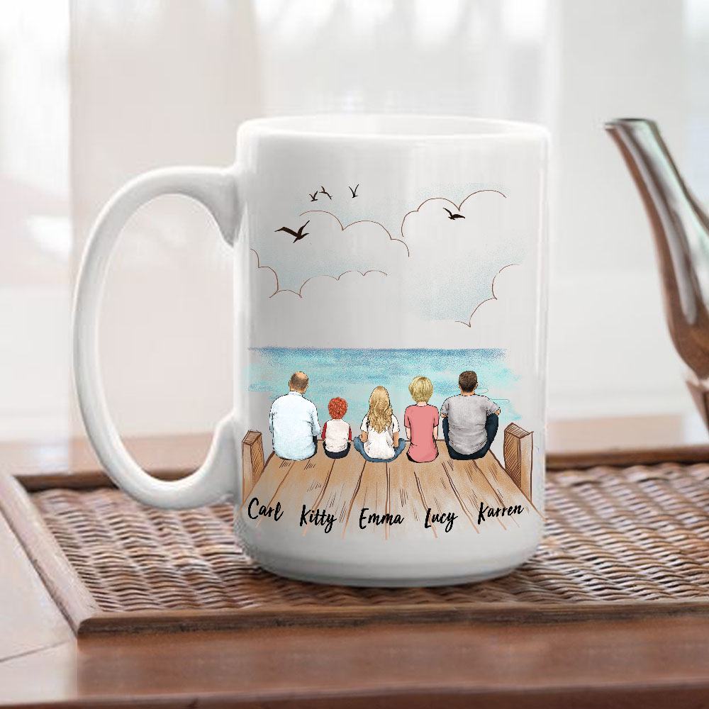15oz mug gift for the whole family with up to 5 members sitting on wooden dock