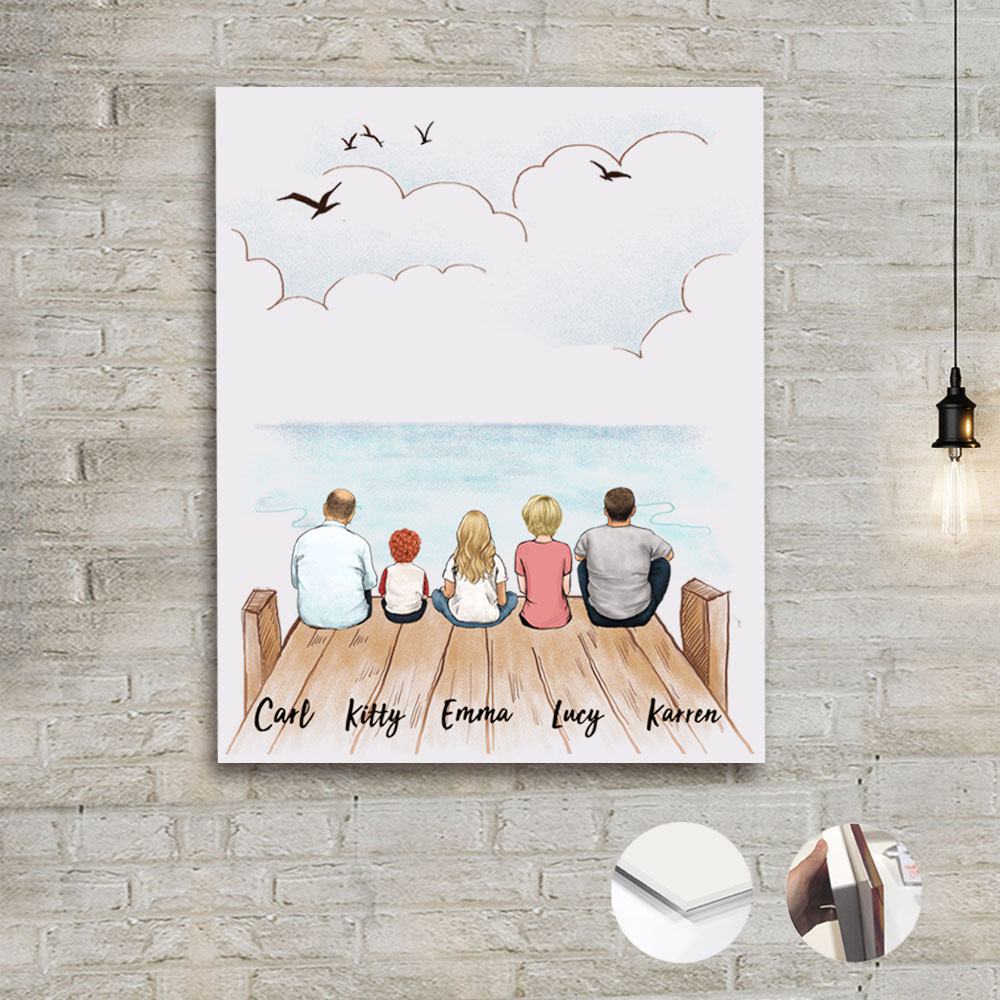 acrylic print gift for the whole family with up to 5 members sitting on wooden dock
