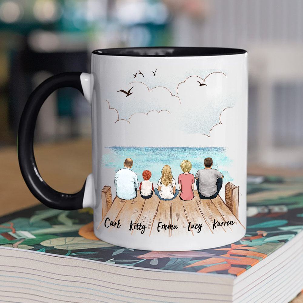 black two tone accent mug gift for the whole family with up to 5 members sitting on wooden dock