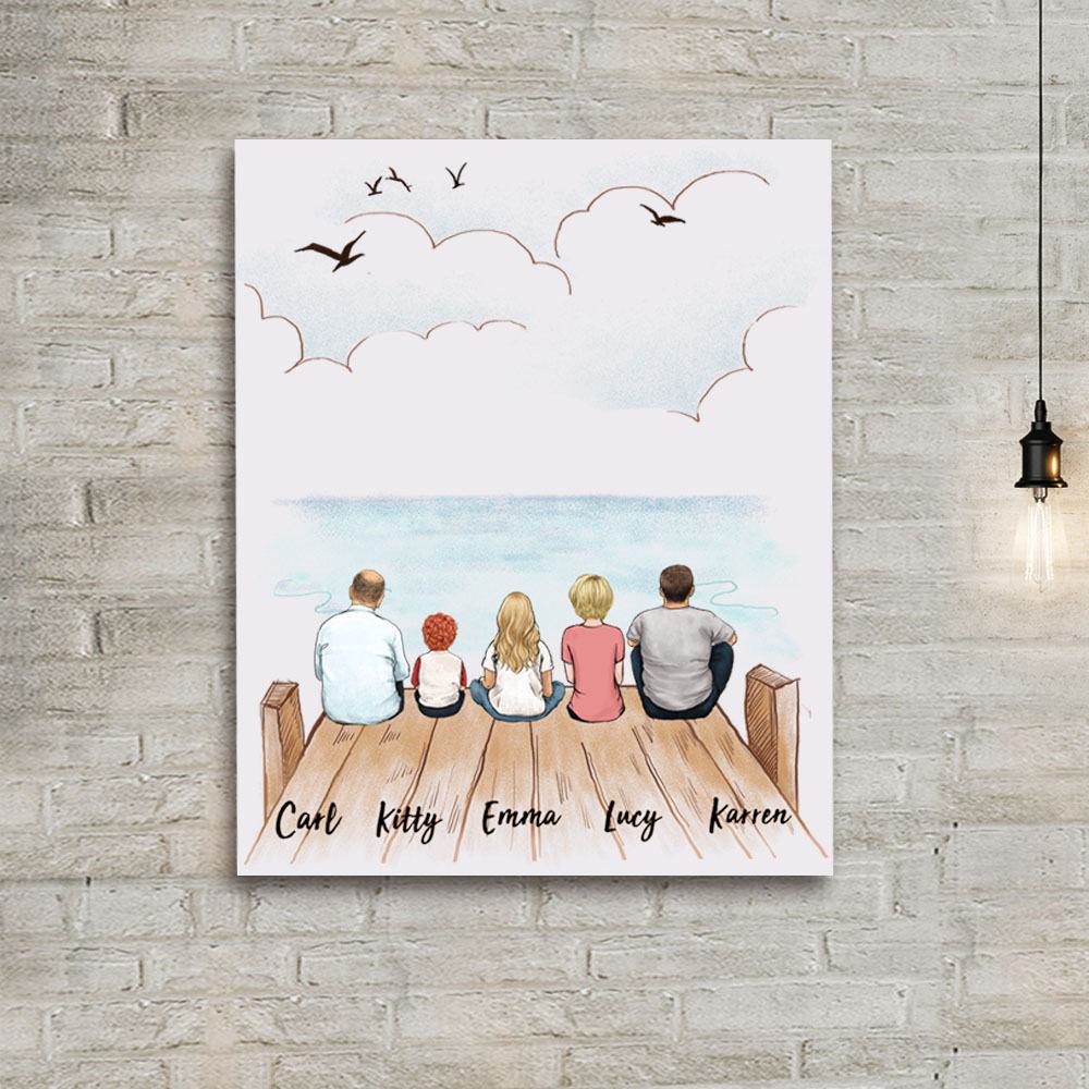canvas print gift for the whole family with up to 5 members sitting on wooden dock