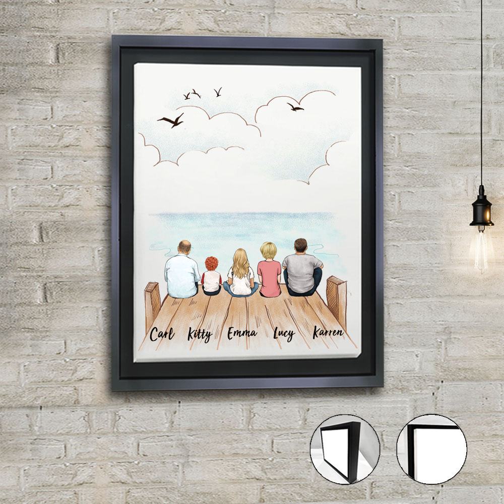framed canvas gift for the whole family with up to 5 members sitting on wooden dock