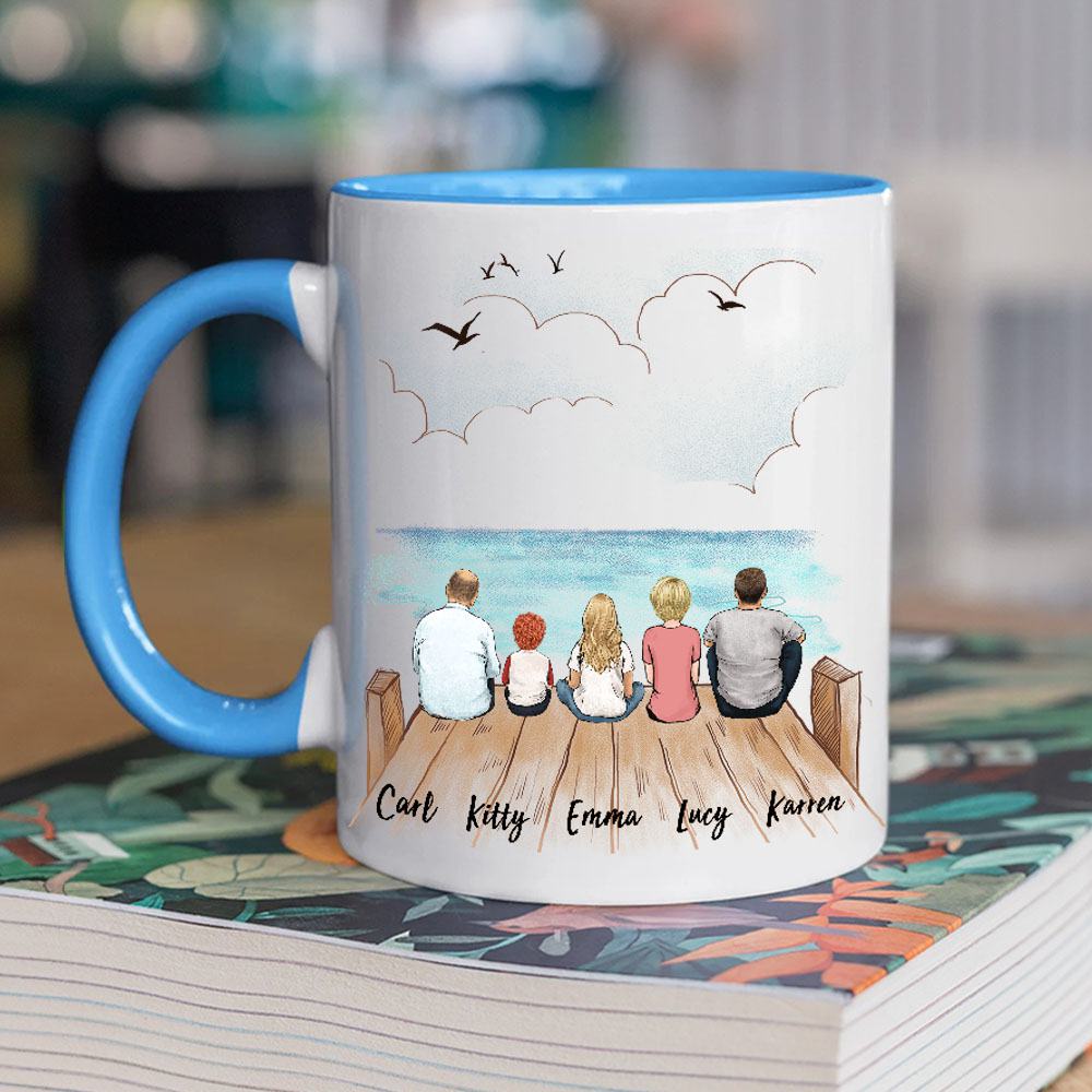 light blue two tone accent mug gift for the whole family with up to 5 members sitting on wooden dock