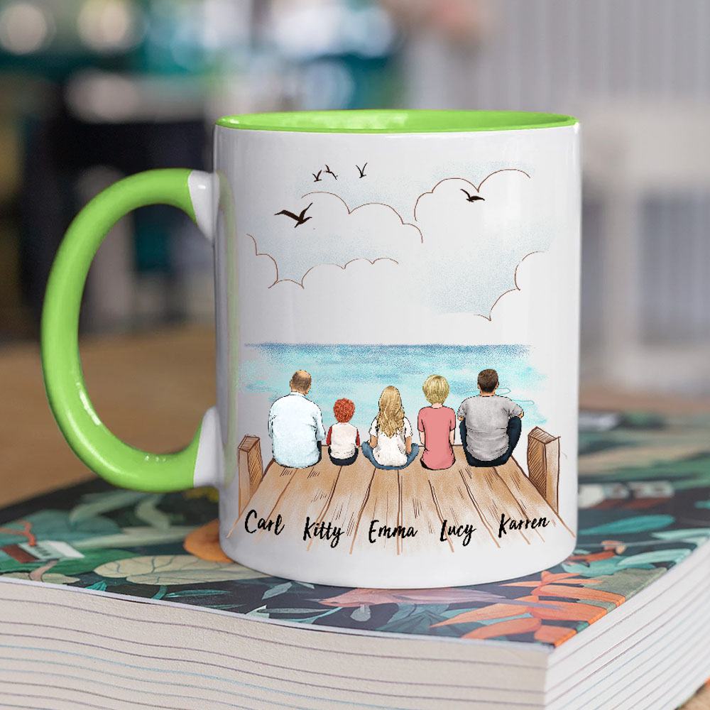 light green two tone accent mug gift for the whole family with up to 5 members sitting on wooden dock