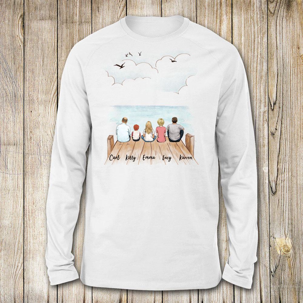long sleeve gift for the whole family with up to 5 members sitting on wooden dock